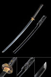 Classic Katana, Real Hamon Japanese Samurai Katana Leather Handle Black Scabbard