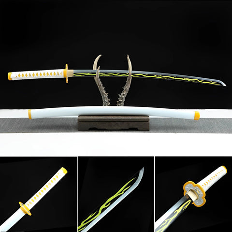 thumbnail image 2 of Kyojuro Rengoku Demon Slayer Katana – Carbon Steel Blade, Wood Handle, Orange, Cosplay Sword 2 of 5