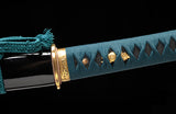 Samurai Wakizashi Japanese 1095 Steel Clay Tempered Blue handle