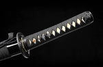 Hand Forge Samurai Wakizashi Clay Tempered With Black Scabbard Iron Tsuba