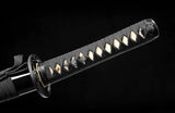 Hand Forge Samurai Wakizashi Clay Tempered With Black Scabbard Iron Tsuba