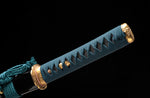 Samurai Wakizashi Japanese 1095 Steel Clay Tempered Blue handle