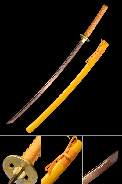 KATAN　 Yellow Katana,Handmade Golden Color Treated Engraving Iron Tsuba
