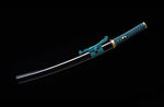 Samurai Wakizashi Japanese 1095 Steel Clay Tempered Blue handle
