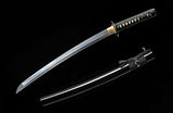 Hand Forge Samurai Wakizashi Clay Tempered With Black Scabbard Iron Tsuba