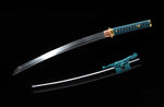 Samurai Wakizashi Japanese 1095 Steel Clay Tempered Blue handle