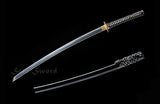 Classic Katana, Real Hamon Japanese Samurai Katana Leather Handle Black Scabbard