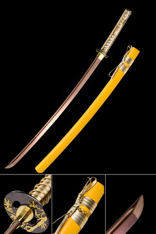 Golden Katana,Handmade High Carbon Steel Samurai Katana Bamboo Leaves Tsuba