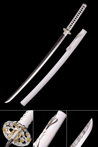 White Katana,Samurai Katana Manganese Steel Engraving White Scabbard