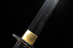 Hand Forge Samurai Wakizashi Clay Tempered With Black Scabbard Iron Tsuba