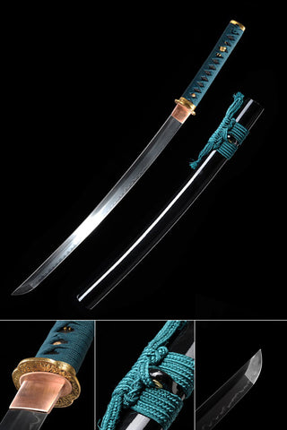 Samurai Wakizashi Japanese 1095 Steel Clay Tempered Blue handle