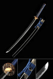 Real Clay Tempered Folded Steel Katana Hand Polishing Blue Handle Black Scabbard