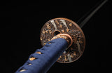 Real Clay Tempered Folded Steel Katana Hand Polishing Blue Handle Black Scabbard