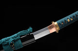 Samurai Wakizashi Japanese 1095 Steel Clay Tempered Blue handle